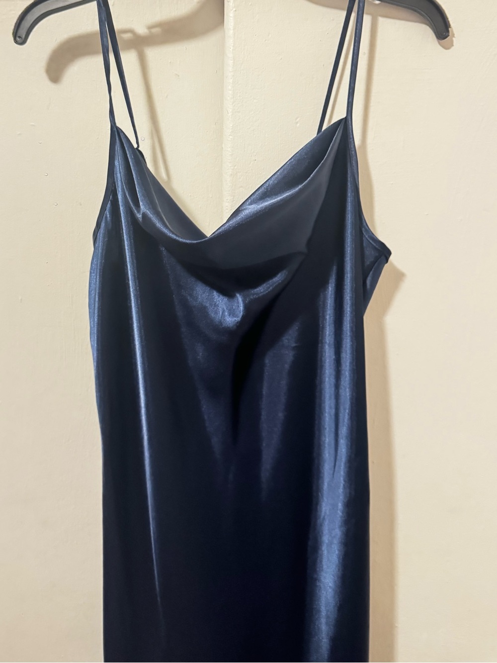 bebe Navy Satin Cowl Slip Dress with Thin Straps